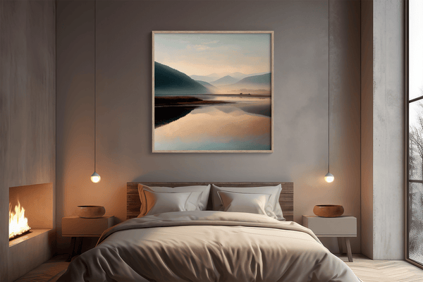 Framed wall art of a misty morning river winding through soft-hued mountains. A tranquil landscape print. Ready to hang.