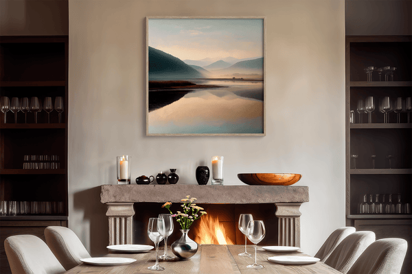 Framed wall art of a misty morning river winding through soft-hued mountains. A tranquil landscape print. Ready to hang.