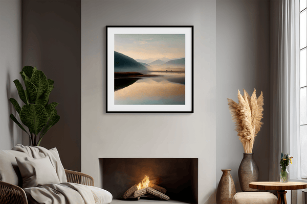 Framed wall art of a misty morning river winding through soft-hued mountains. A tranquil landscape print. Ready to hang.
