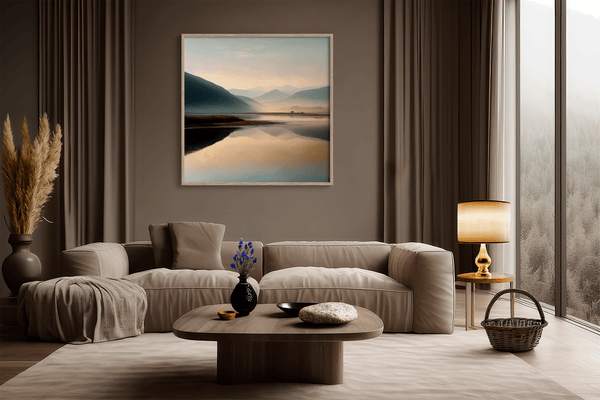 Framed wall art of a misty morning river winding through soft-hued mountains. A tranquil landscape print. Ready to hang.