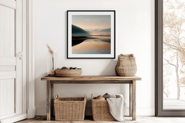 Framed wall art of a misty morning river winding through soft-hued mountains. A tranquil landscape print. Ready to hang.