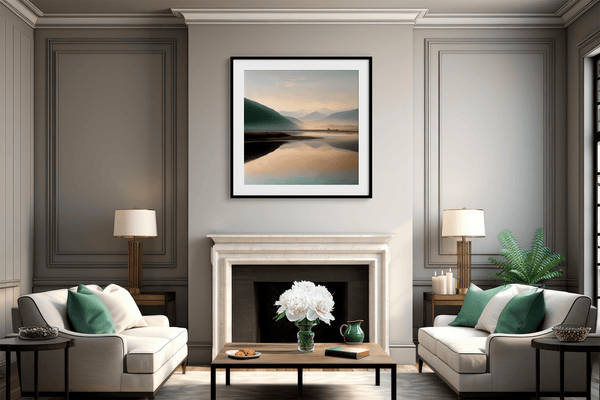 Framed wall art of a misty morning river winding through soft-hued mountains. A tranquil landscape print. Ready to hang.