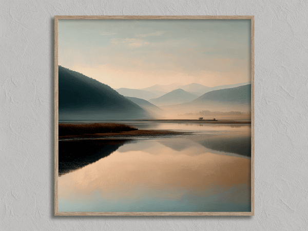 Framed wall art of a misty morning river winding through soft-hued mountains. A tranquil landscape print. Ready to hang.
