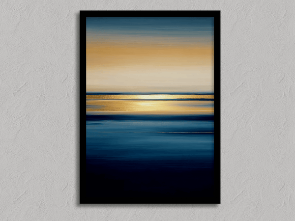 Framed wall art of an ocean sunset in coral, peach, and blue tones. A timeless abstract seascape print. Ready to hang.