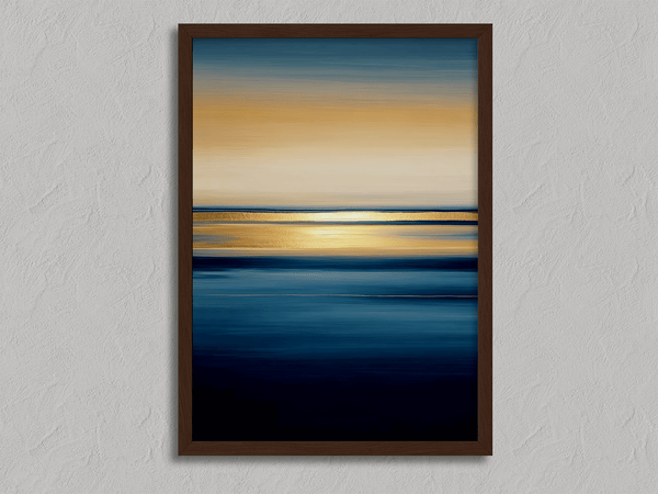 Framed wall art of an ocean sunset in coral, peach, and blue tones. A timeless abstract seascape print. Ready to hang.