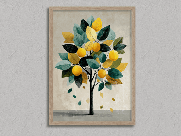 Unframed fine art print of a Mediterranean lemon tree in golds and greens. A playful citrus wall art design.