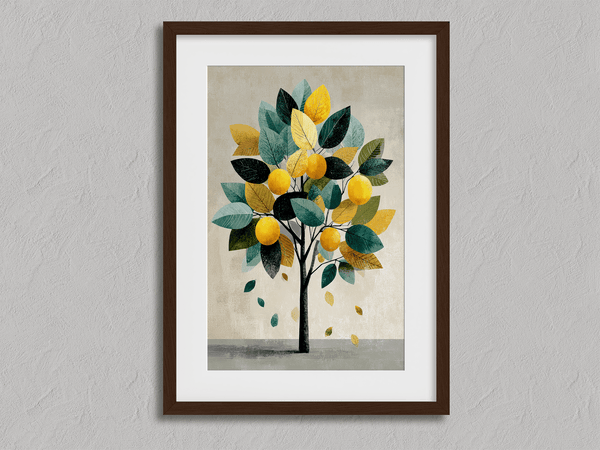 Unframed fine art print of a Mediterranean lemon tree in golds and greens. A playful citrus wall art design.