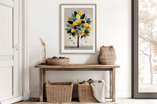 Unframed fine art print of a Mediterranean lemon tree in golds and greens. A playful citrus wall art design.
