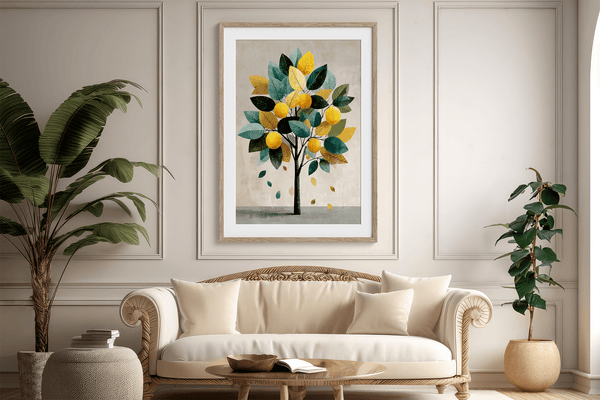Unframed fine art print of a Mediterranean lemon tree in golds and greens. A playful citrus wall art design.