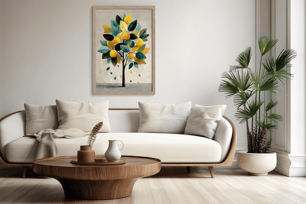 Unframed fine art print of a Mediterranean lemon tree in golds and greens. A playful citrus wall art design.