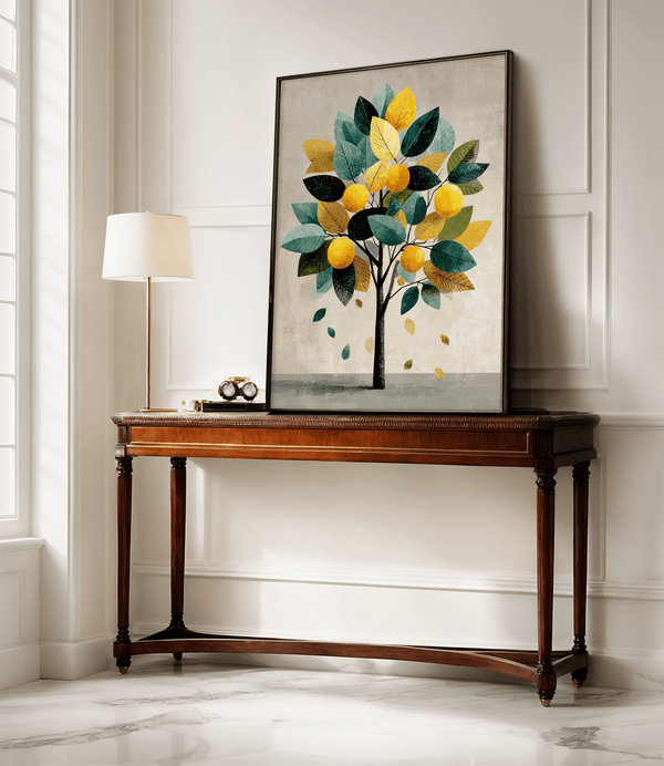 Unframed fine art print of a Mediterranean lemon tree in golds and greens. A playful citrus wall art design.