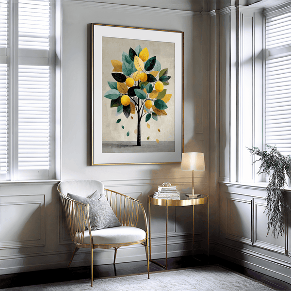 Unframed fine art print of a Mediterranean lemon tree in golds and greens. A playful citrus wall art design.