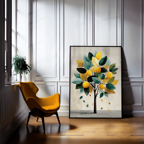 Unframed fine art print of a Mediterranean lemon tree in golds and greens. A playful citrus wall art design.
