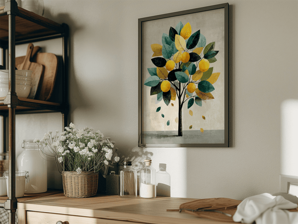 Unframed fine art print of a Mediterranean lemon tree in golds and greens. A playful citrus wall art design.