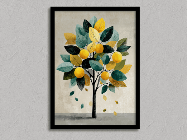 Unframed fine art print of a Mediterranean lemon tree in golds and greens. A playful citrus wall art design.