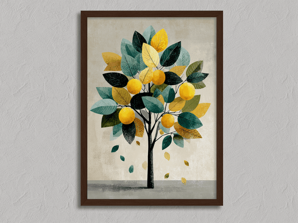 Unframed fine art print of a Mediterranean lemon tree in golds and greens. A playful citrus wall art design.