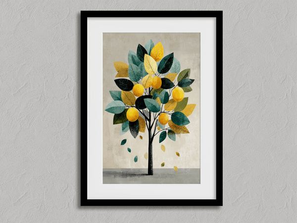 Unframed fine art print of a Mediterranean lemon tree in golds and greens. A playful citrus wall art design.