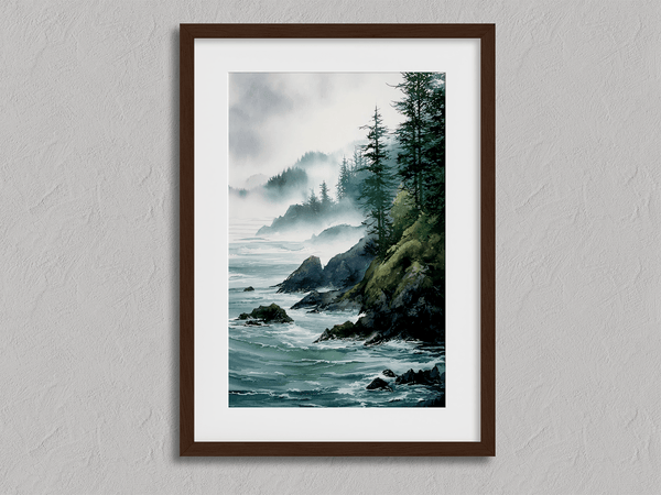 Framed wall art of a misty Pacific coast in soft greys and blues. A tranquil abstract seascape print. Ready to hang.