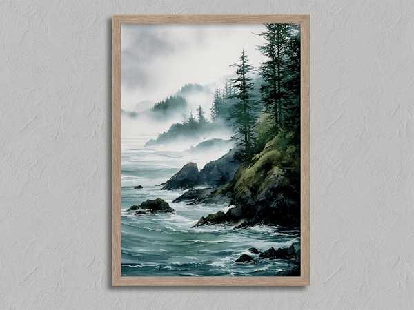 Framed wall art of a misty Pacific coast in soft greys and blues. A tranquil abstract seascape print. Ready to hang.