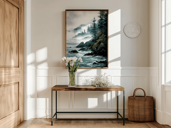 Framed wall art of a misty Pacific coast in soft greys and blues. A tranquil abstract seascape print. Ready to hang.