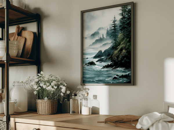 Framed wall art of a misty Pacific coast in soft greys and blues. A tranquil abstract seascape print. Ready to hang.