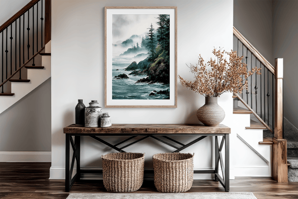 Framed wall art of a misty Pacific coast in soft greys and blues. A tranquil abstract seascape print. Ready to hang.