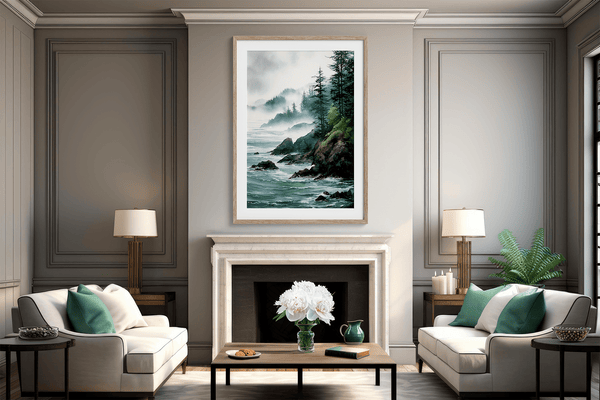 Framed wall art of a misty Pacific coast in soft greys and blues. A tranquil abstract seascape print. Ready to hang.