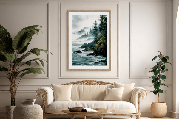 Framed wall art of a misty Pacific coast in soft greys and blues. A tranquil abstract seascape print. Ready to hang.