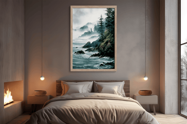 Framed wall art of a misty Pacific coast in soft greys and blues. A tranquil abstract seascape print. Ready to hang.