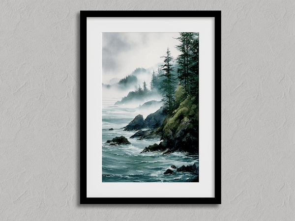 Framed wall art of a misty Pacific coast in soft greys and blues. A tranquil abstract seascape print. Ready to hang.