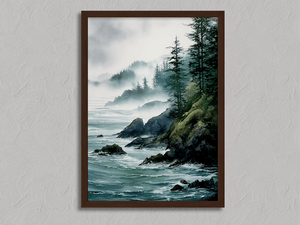 Framed wall art of a misty Pacific coast in soft greys and blues. A tranquil abstract seascape print. Ready to hang.