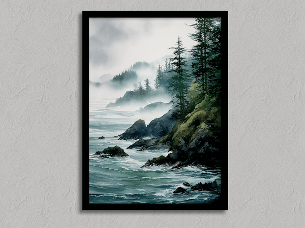Framed wall art of a misty Pacific coast in soft greys and blues. A tranquil abstract seascape print. Ready to hang.