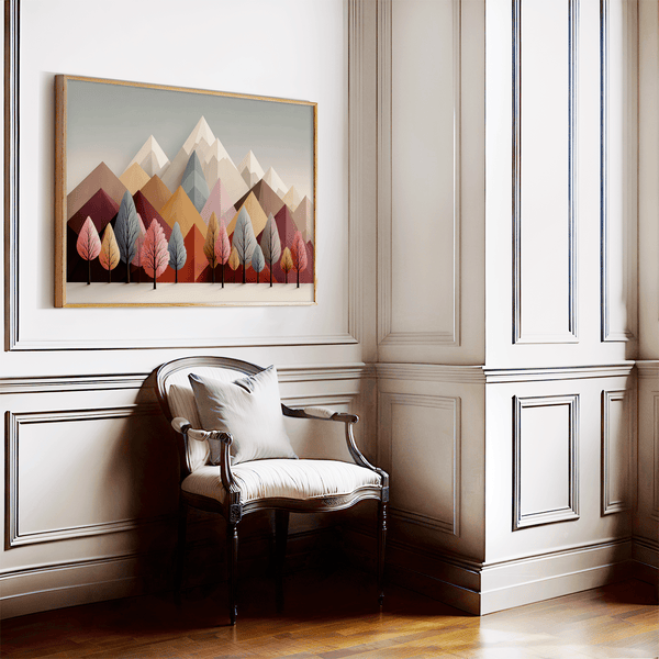 Framed wall art in blush, mint, and apricot. Cheerful trees and clean peaks in spring bring lightness and balance.