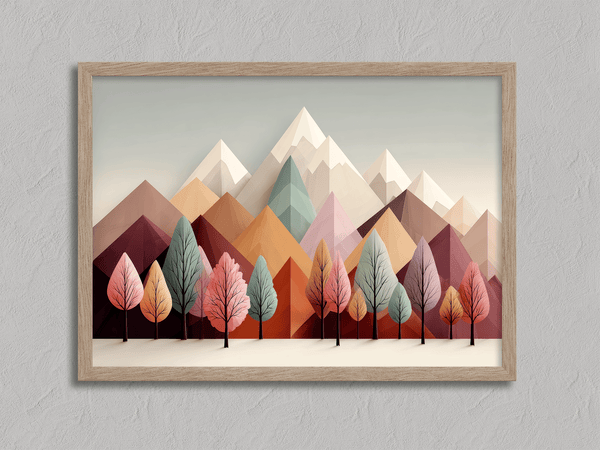 Framed wall art in blush, mint, and apricot. Cheerful trees and clean peaks in spring bring lightness and balance.