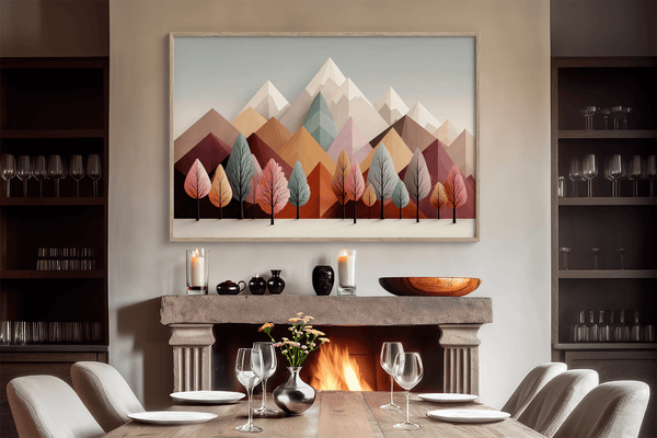 Framed wall art in blush, mint, and apricot. Cheerful trees and clean peaks in spring bring lightness and balance.