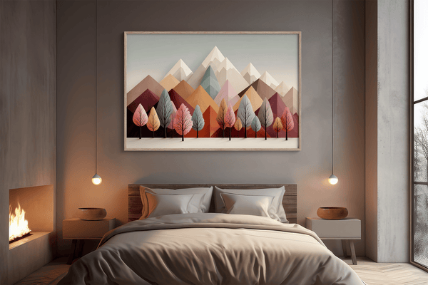 Framed wall art in blush, mint, and apricot. Cheerful trees and clean peaks in spring bring lightness and balance.