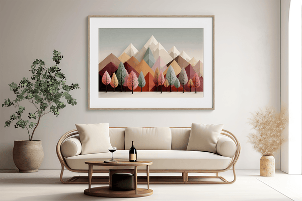 Framed wall art in blush, mint, and apricot. Cheerful trees and clean peaks in spring bring lightness and balance.