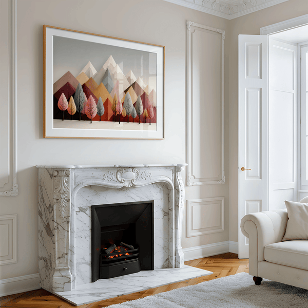 Framed wall art in blush, mint, and apricot. Cheerful trees and clean peaks in spring bring lightness and balance.