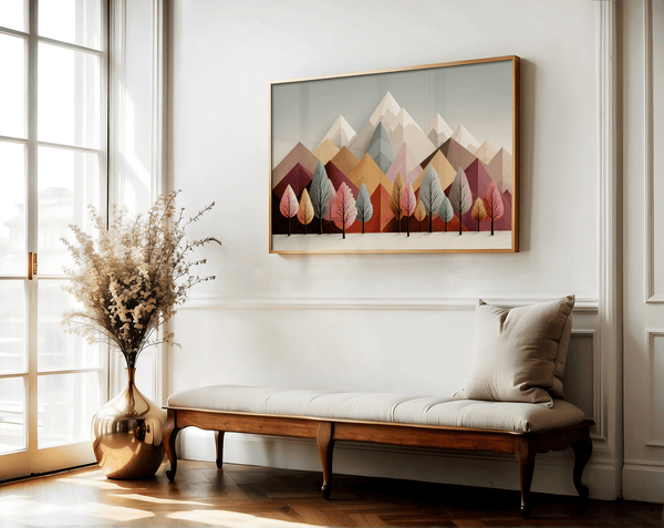 Framed wall art in blush, mint, and apricot. Cheerful trees and clean peaks in spring bring lightness and balance.