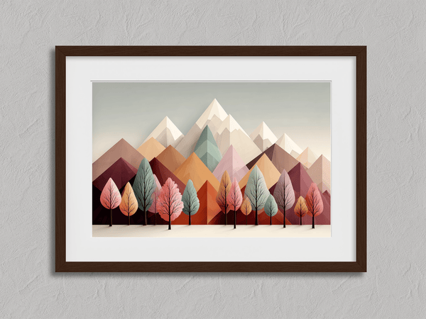 Framed wall art in blush, mint, and apricot. Cheerful trees and clean peaks in spring bring lightness and balance.