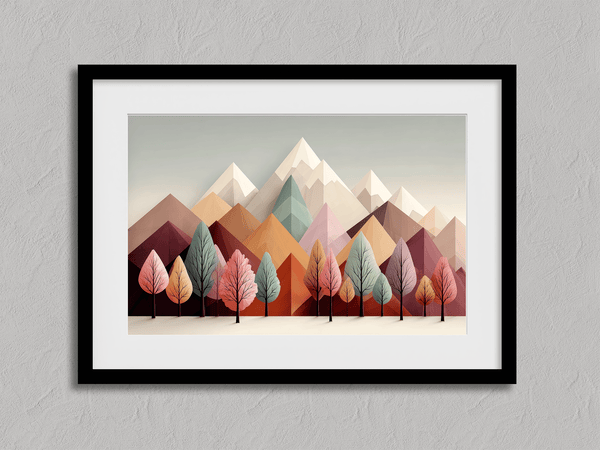 Framed wall art in blush, mint, and apricot. Cheerful trees and clean peaks in spring bring lightness and balance.