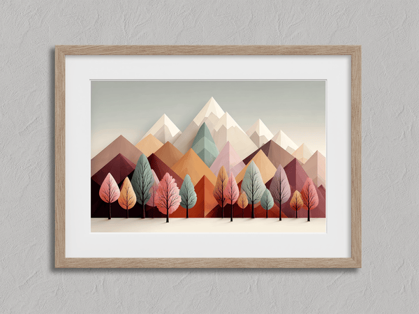 Framed wall art in blush, mint, and apricot. Cheerful trees and clean peaks in spring bring lightness and balance.