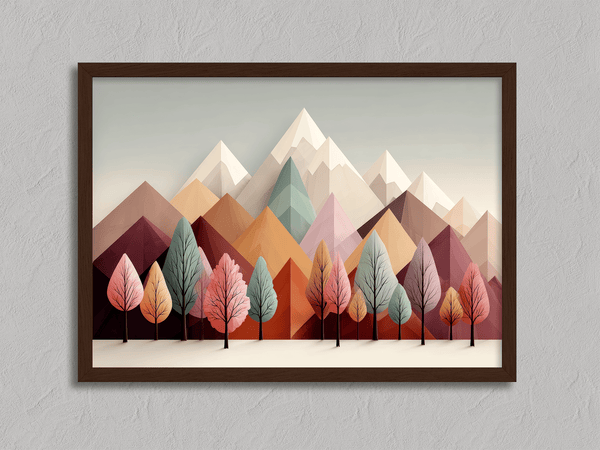 Framed wall art in blush, mint, and apricot. Cheerful trees and clean peaks in spring bring lightness and balance.
