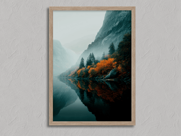 Framed wall art of a glowing autumn forest path in fiery orange and crimson tones. A warm, seasonal woodland print. Ready to hang.