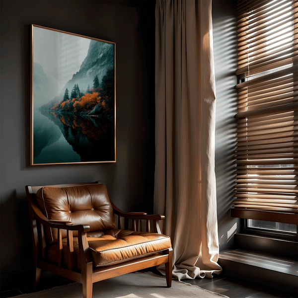 Framed wall art of a glowing autumn forest path in fiery orange and crimson tones. A warm, seasonal woodland print. Ready to hang.