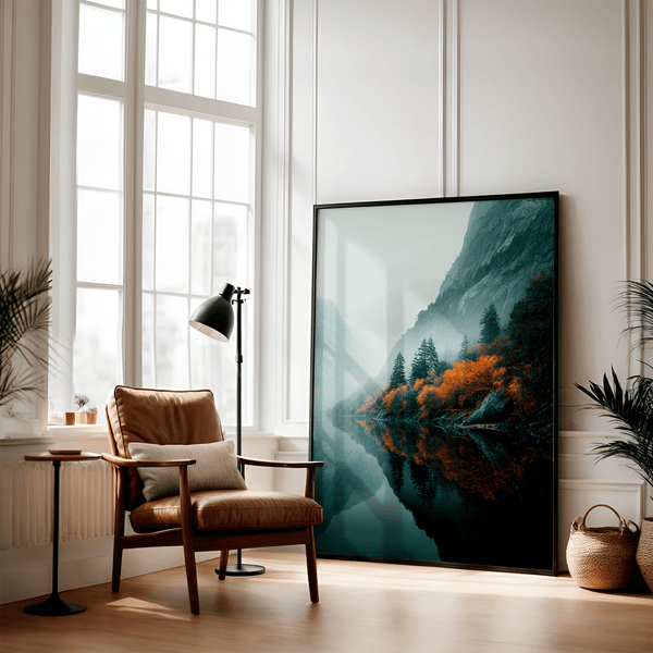 Framed wall art of a glowing autumn forest path in fiery orange and crimson tones. A warm, seasonal woodland print. Ready to hang.