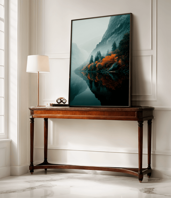 Framed wall art of a glowing autumn forest path in fiery orange and crimson tones. A warm, seasonal woodland print. Ready to hang.