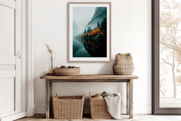 Framed wall art of a glowing autumn forest path in fiery orange and crimson tones. A warm, seasonal woodland print. Ready to hang.