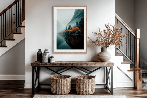 Framed wall art of a glowing autumn forest path in fiery orange and crimson tones. A warm, seasonal woodland print. Ready to hang.