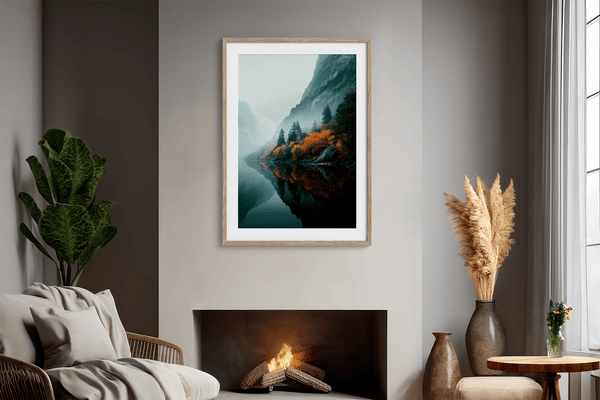 Framed wall art of a glowing autumn forest path in fiery orange and crimson tones. A warm, seasonal woodland print. Ready to hang.